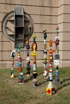 Colorful ceramics stacked on top of each other.